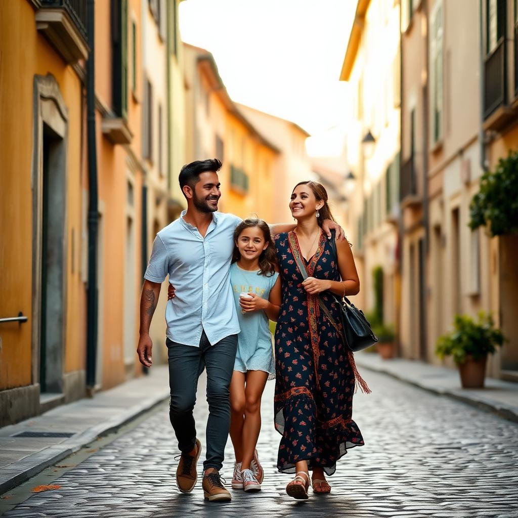 Família caminhando em rua italiana